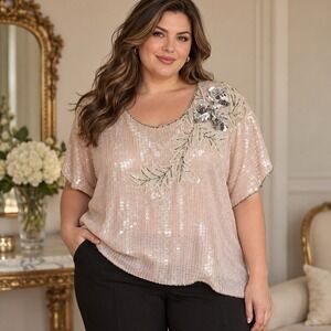 Vintage JLB 100% Silk Sequin Beaded Blouse Women's 2X Pink Floral Evening Top